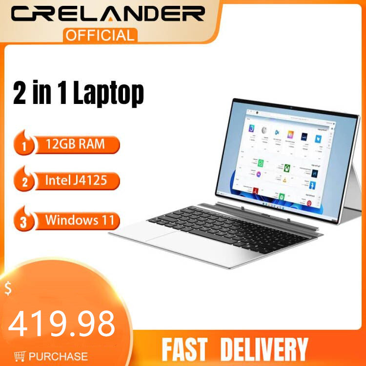 CRELANDER 2 In 1 Laptop 12.3 Inch 3K Touch Screen 12GB RAM 512GB SSD Intel J4125 Windows 11 Tablet Pc Portable Notebook Computer