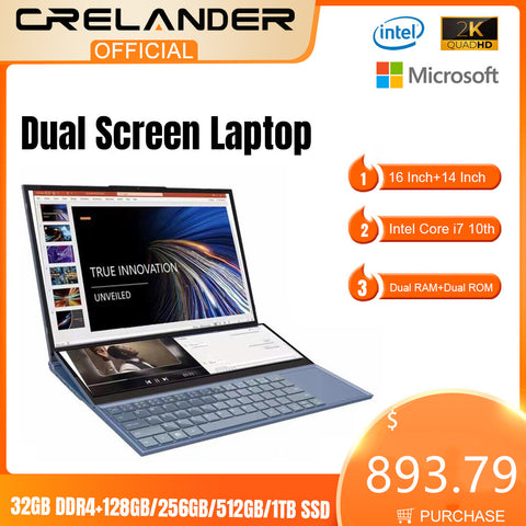 CRELANDER Dual Screen Laptop 16.1 Inch + 14.1 Inch Touch Screen Core i7 10750H Processor Gaming Laptop Notebook Computer