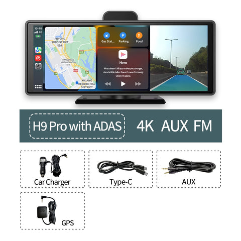 New 10.26" 4K Car DVR Wireless CarPlay Android Auto ADAS WiFi AUX Dash Cam GPS FM Rearview Camera Video Recorder Dashboard