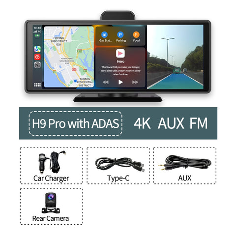 New 10.26" 4K Car DVR Wireless CarPlay Android Auto ADAS WiFi AUX Dash Cam GPS FM Rearview Camera Video Recorder Dashboard