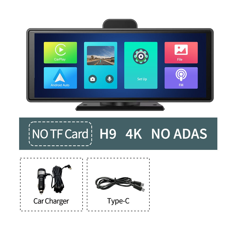 New 10.26" 4K Car DVR Wireless CarPlay Android Auto ADAS WiFi AUX Dash Cam GPS FM Rearview Camera Video Recorder Dashboard