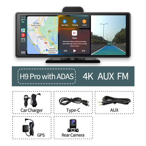 New 10.26" 4K Car DVR Wireless CarPlay Android Auto ADAS WiFi AUX Dash Cam GPS FM Rearview Camera Video Recorder Dashboard